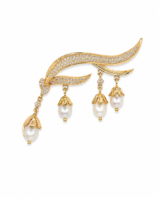 Luxury CZ & Pearl Leaf Brooch Pin | Gold-Plated Designer Brooch for Saree, Blazer & Dresses