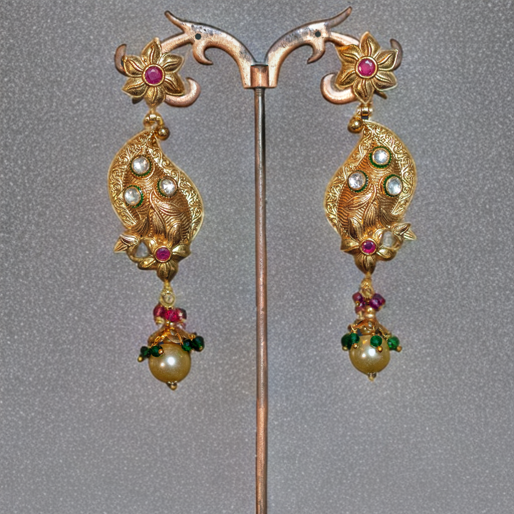 Kundan Gold Pearl Multi - Color Bridal Earring