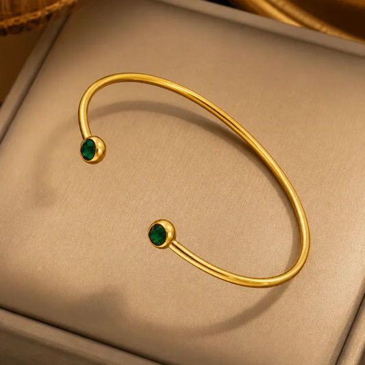 Emerald Glow Gold-Tone Open Cuff Bracelet