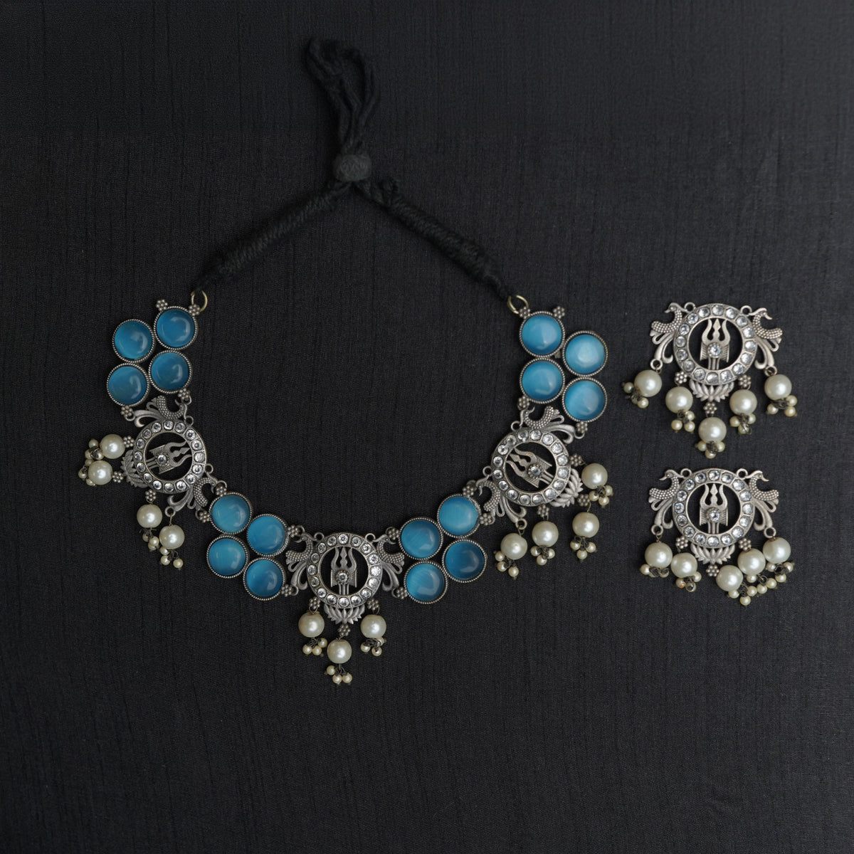 Neelam Trishul Blue Stone Pearl Statement Necklace Set