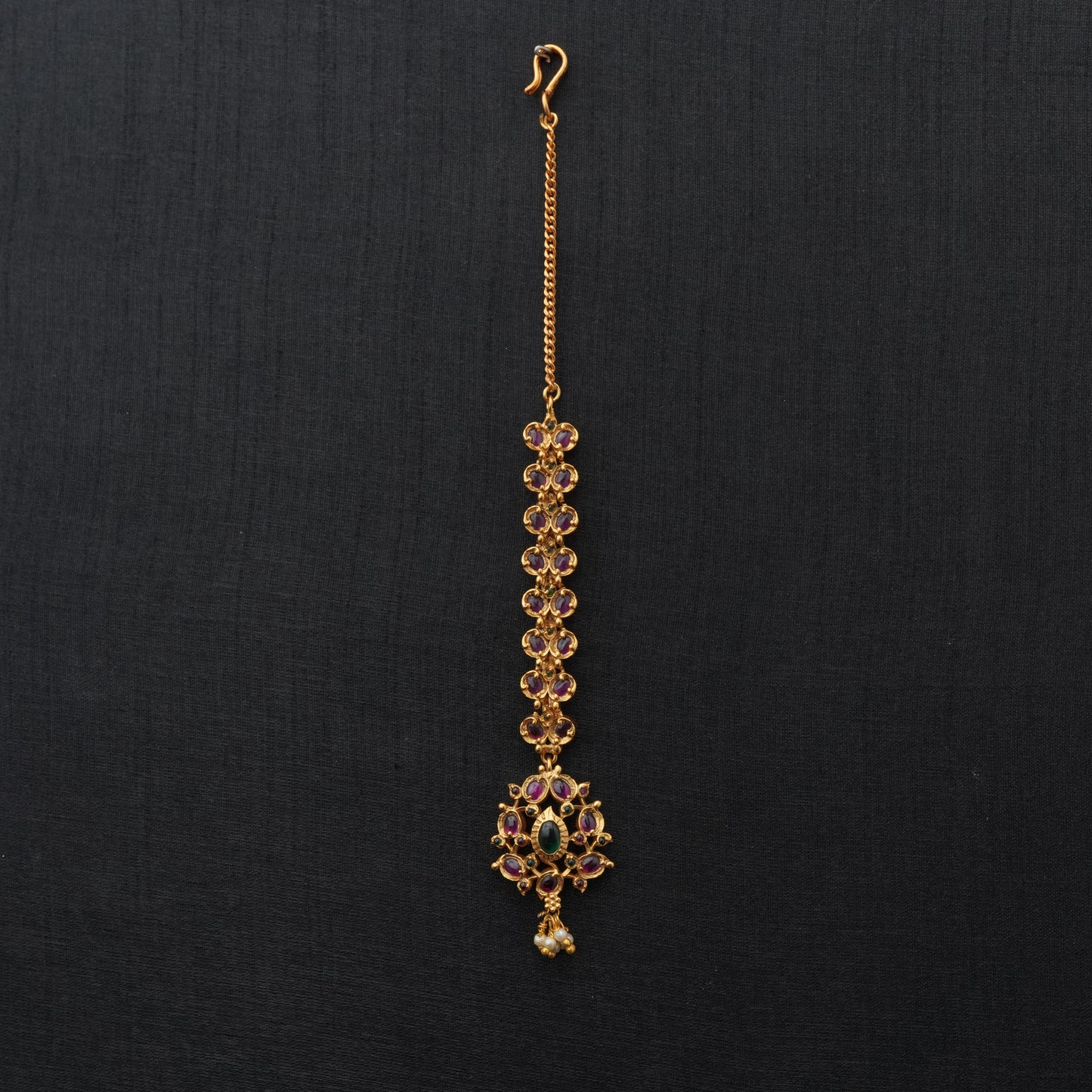 LOLstudio Gold Pearl Ethnic Ruby Emerald Maang Tikka B184