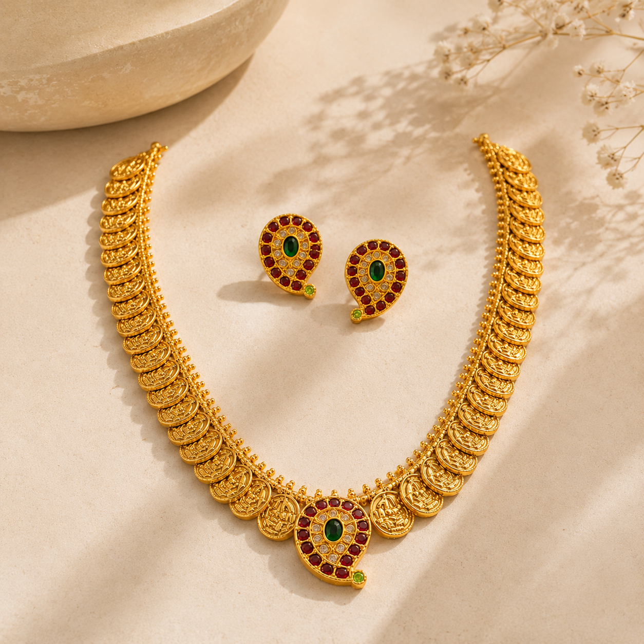 Traditional Temple Gold Necklace Set with Matching Earrings | Bridal & Wedding Jewelry
