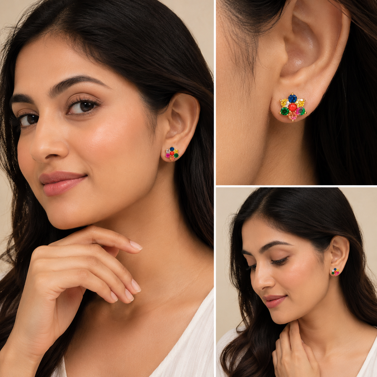 Multicolor Floral Navratna Gemstone Stud Earrings