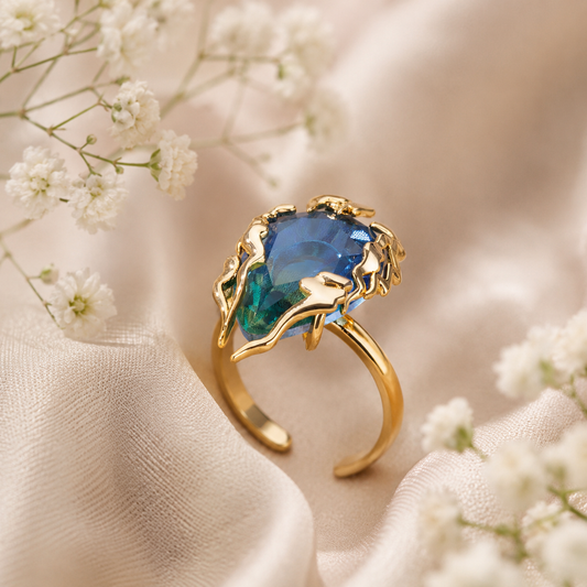 Elegant Gold-Tone Blue Crystal Statement Ring for Women