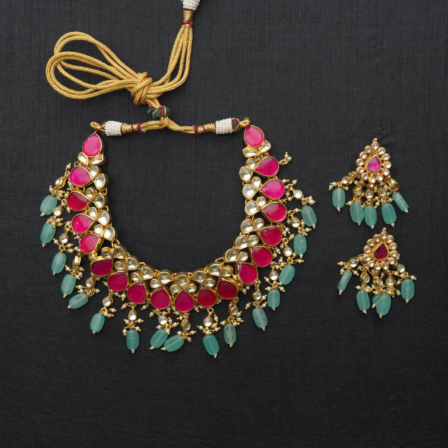 Traditional Kundan Choker Necklace Set with Earrings, Pink and Mint Green Beads, Gold-Toned