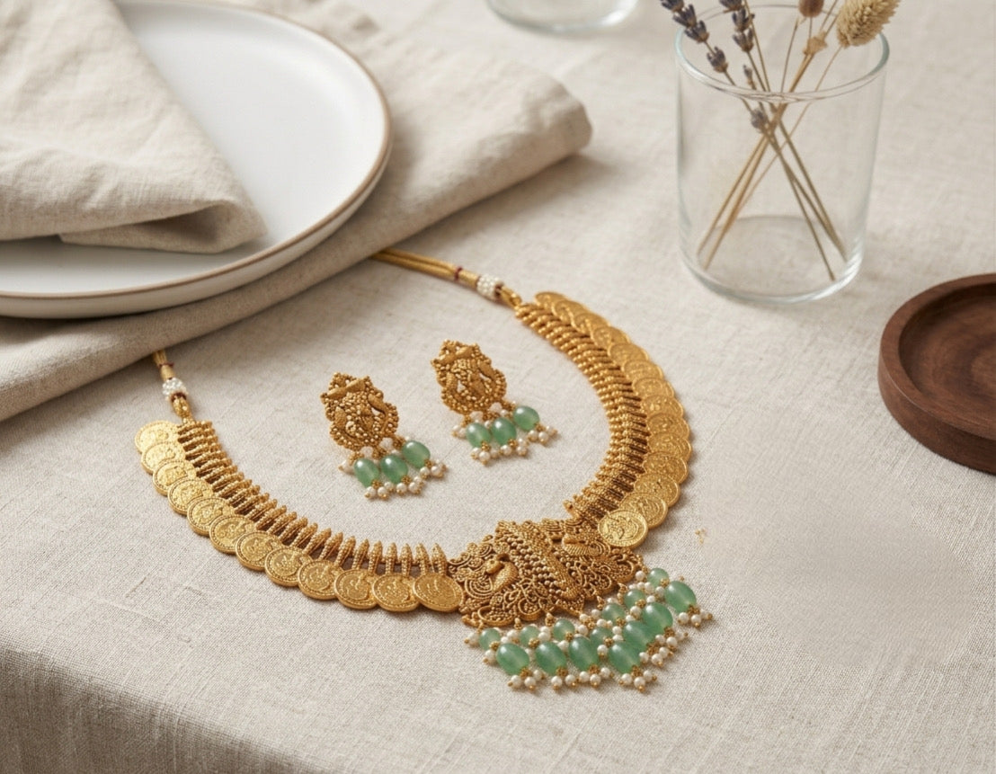Temple Heritage: Matte Gold Silver Lakshmi Coin Necklace Set