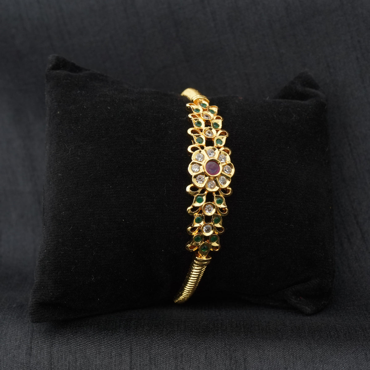 Emerald Ruby Floral Gold-Tone Bangle (Size 2.8)