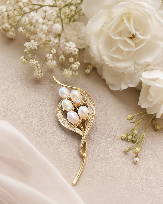 Elegant Gold-Tone Pearl Leaf Brooch with Crystal Embellishments