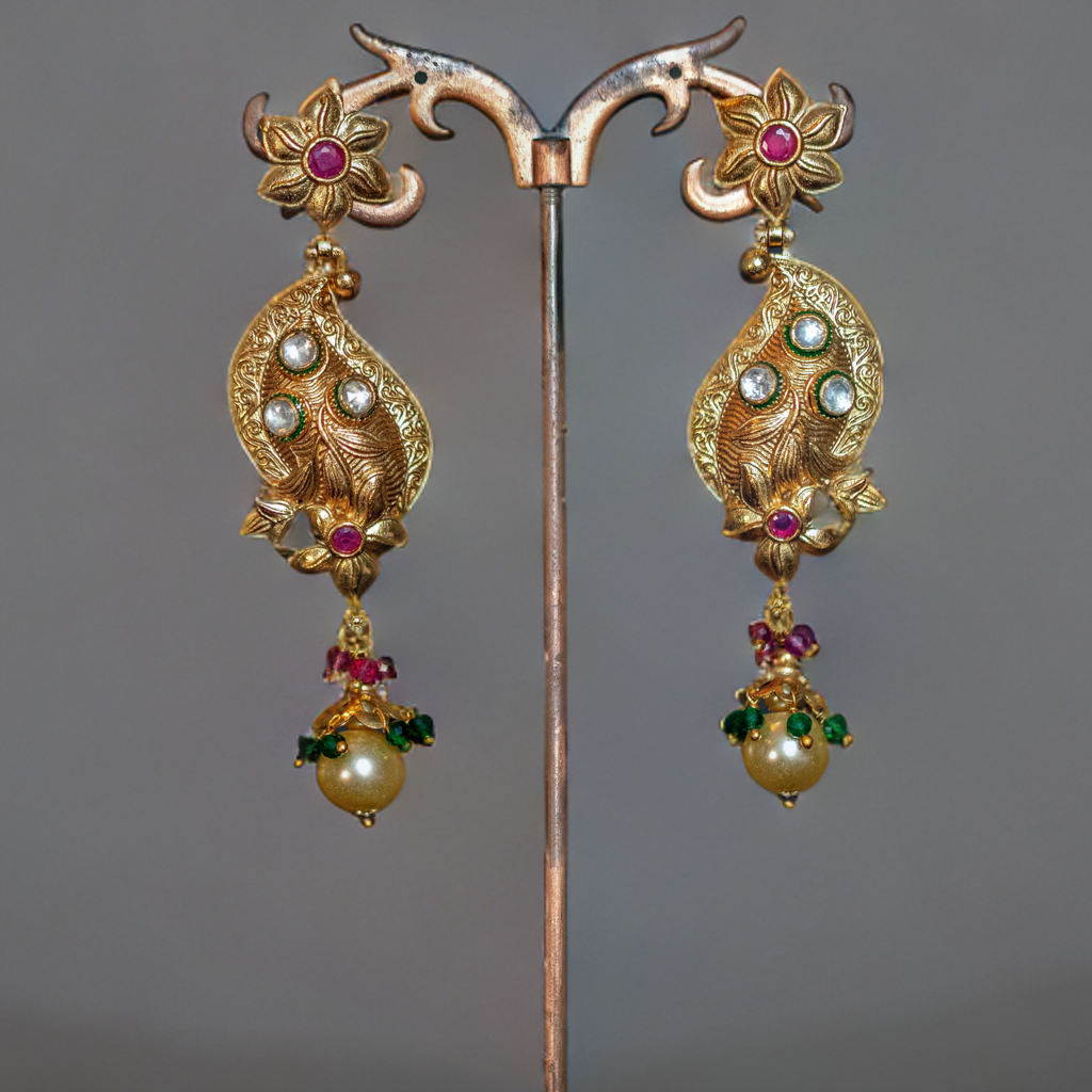 Kundan Gold Pearl Multi - Color Bridal Earring