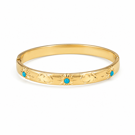 Gold-Plated Turquoise Sun & Moon Bangle | Celestial Designer Bracelet for Women