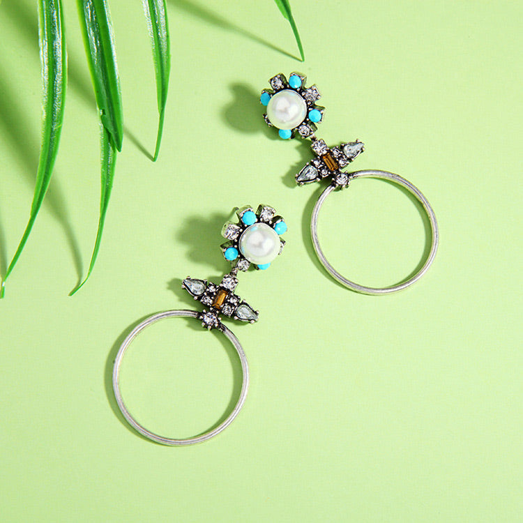 Silver Pearl Bohemian Tribal Earring