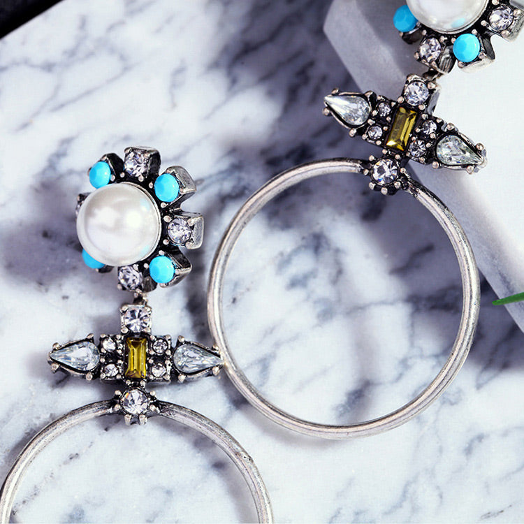 Silver Pearl Bohemian Tribal Earring