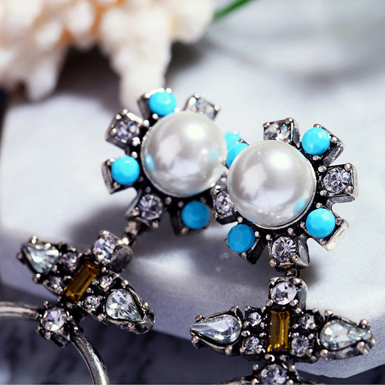 Silver Pearl Bohemian Tribal Earring