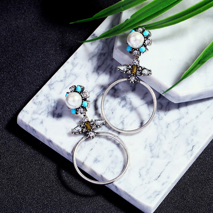 Silver Pearl Bohemian Tribal Earring