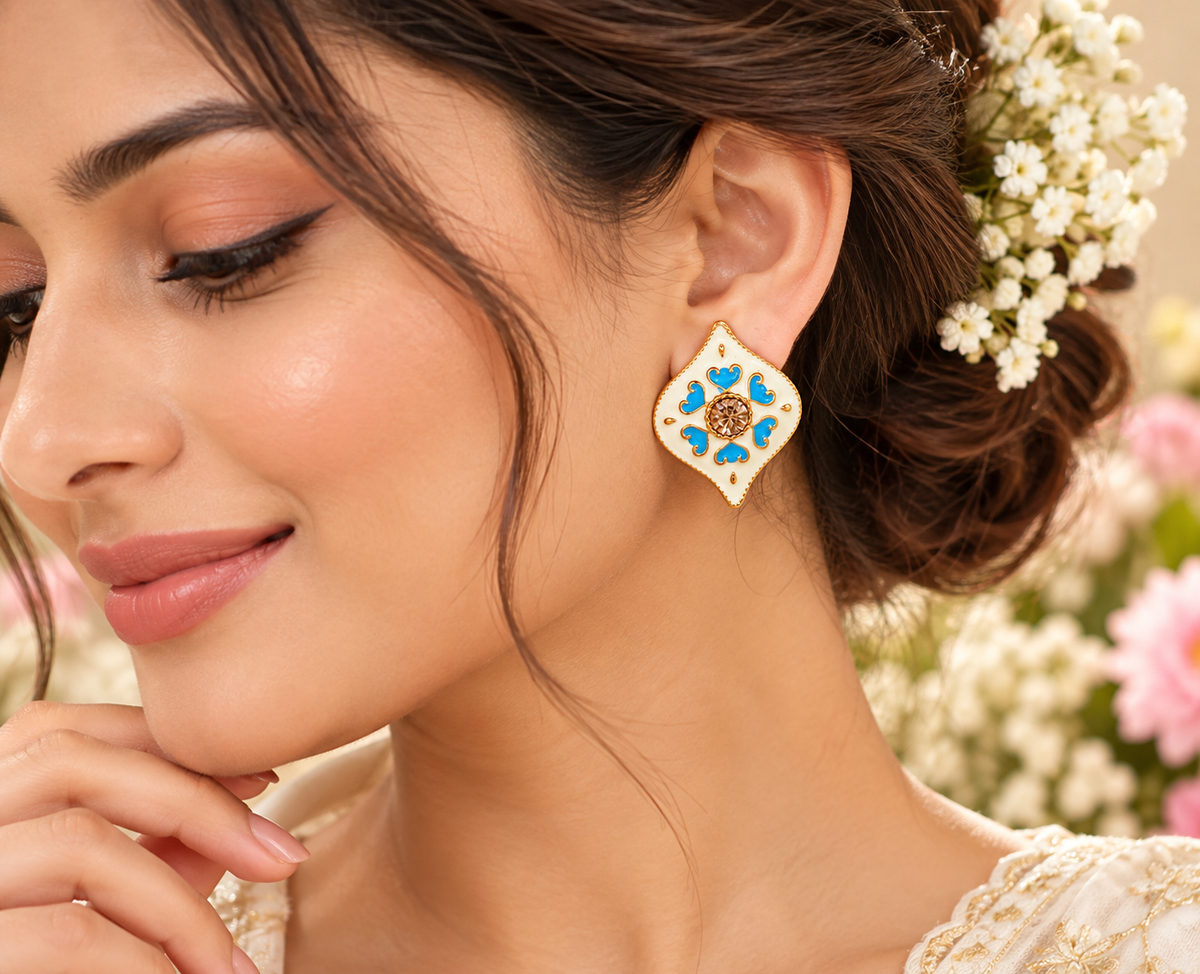 Blue Floral Enamel Crystal Stud Earrings