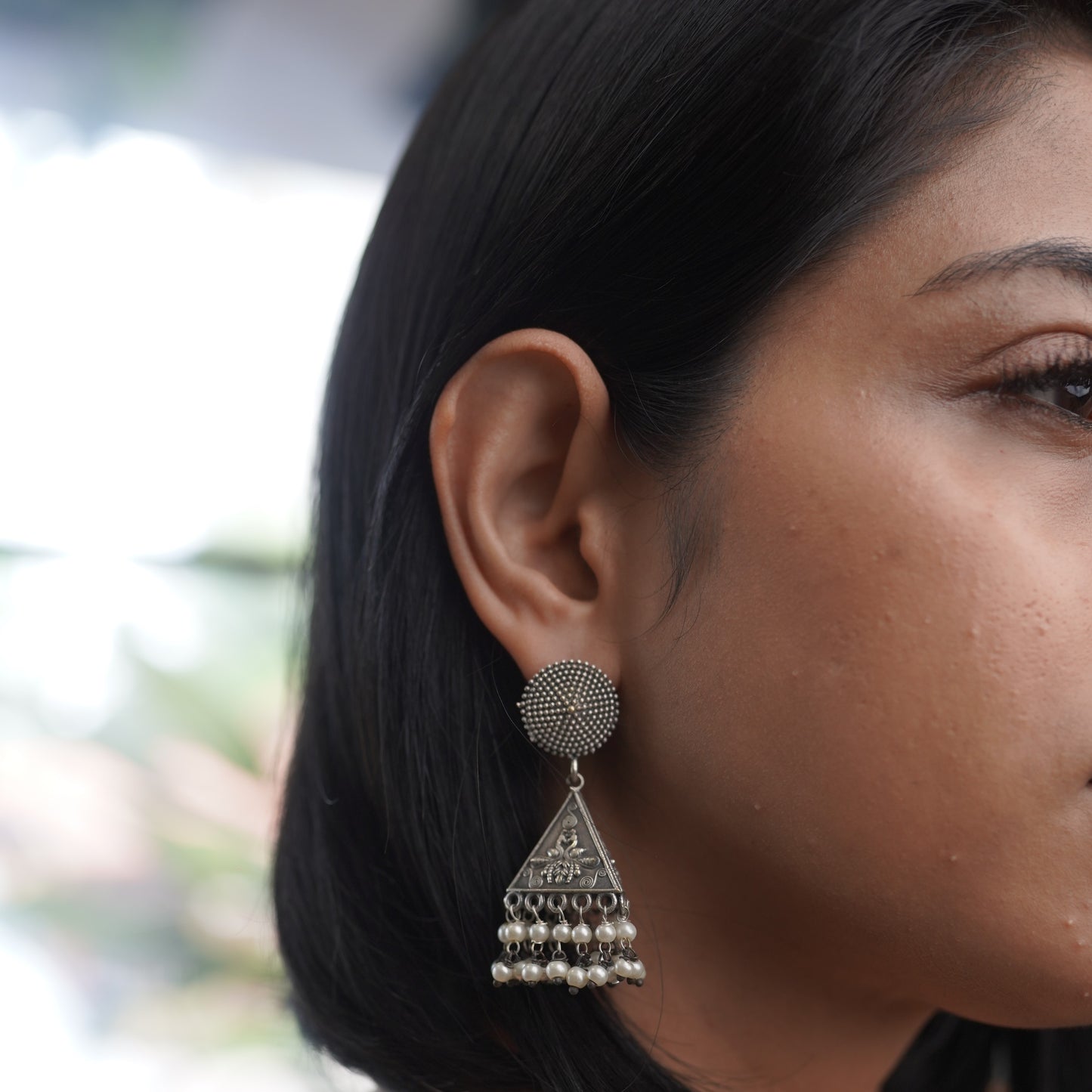 Pearl and Silver Bohemian Jhumka Earring