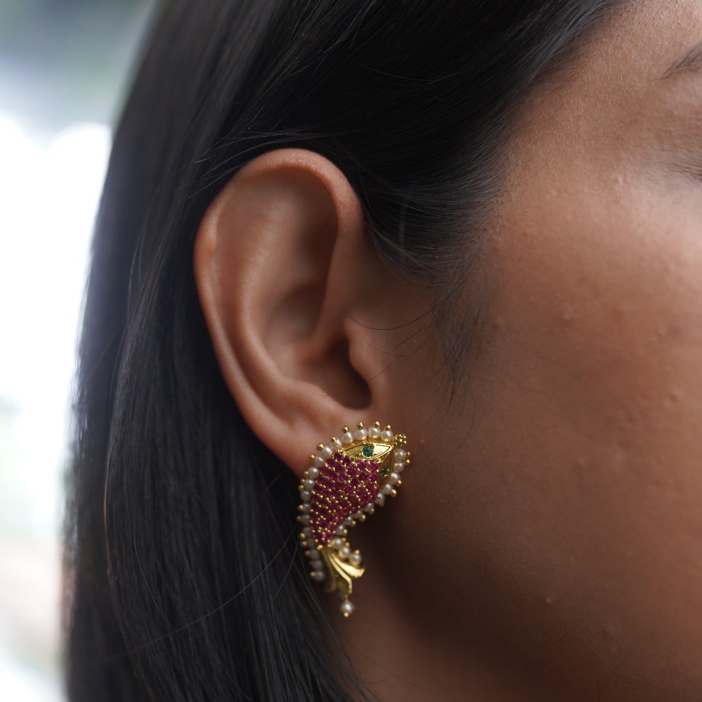 Fish Traditional Triabal Ruby and Pearl Two Way Earring