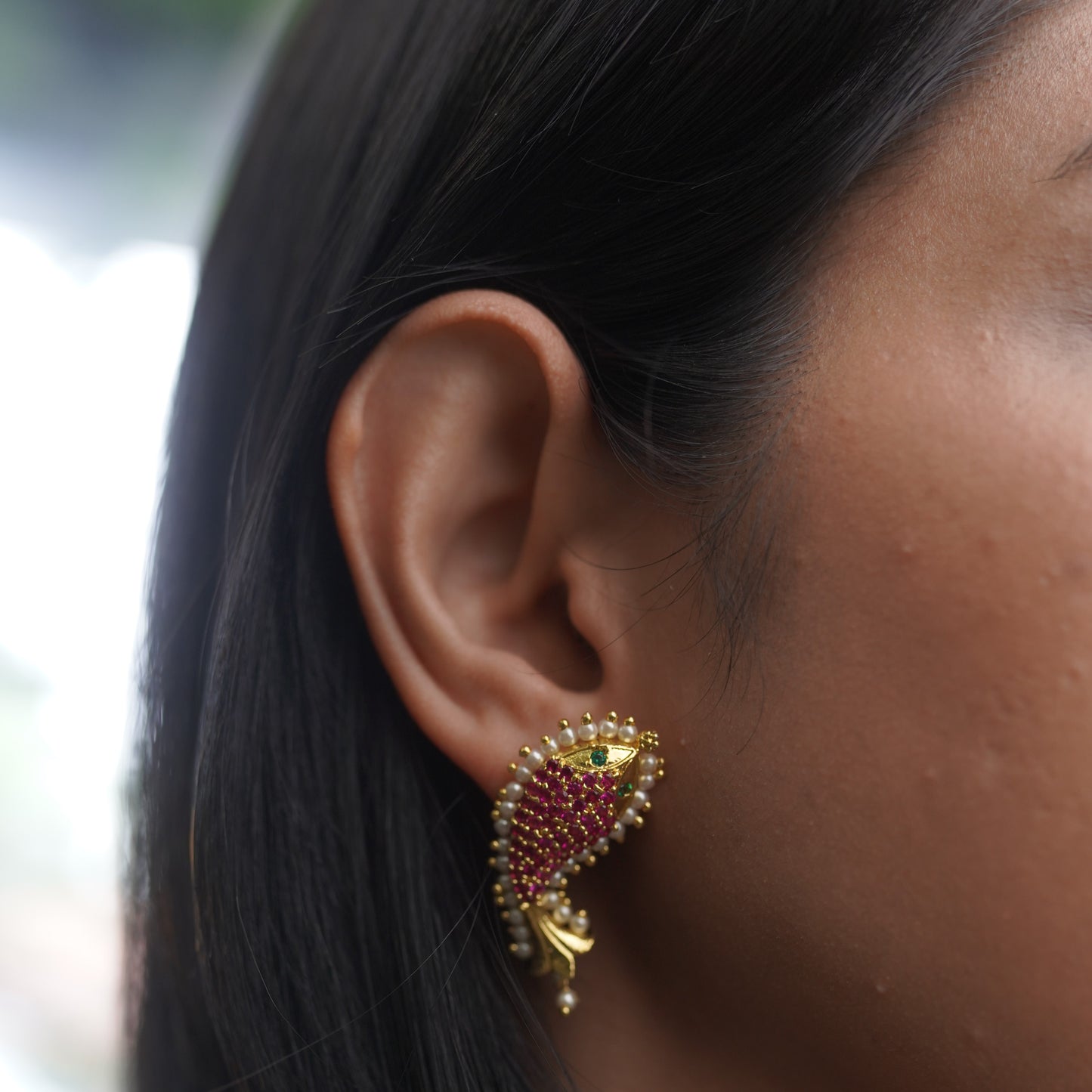 Fish Traditional Triabal Ruby and Pearl Two Way Earring