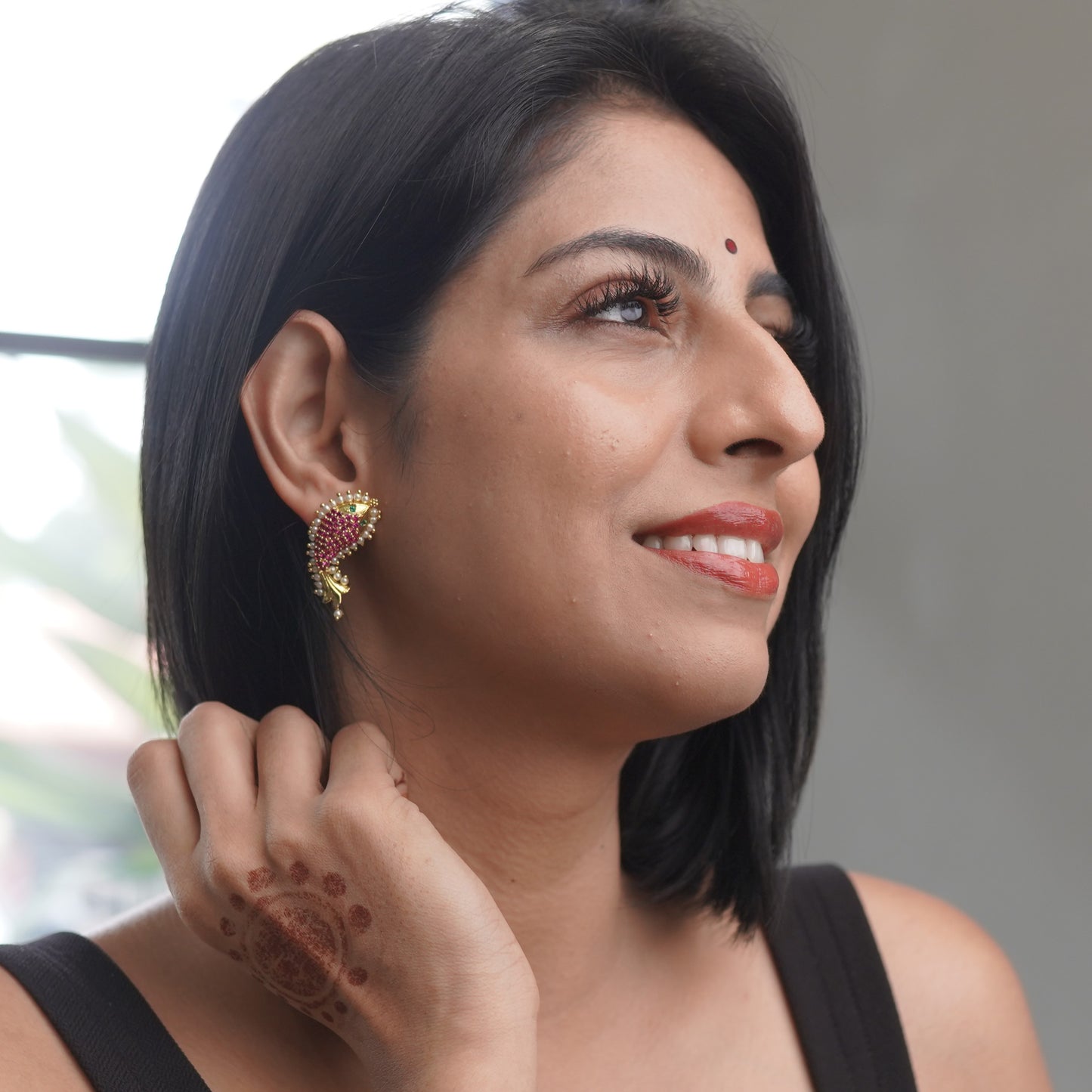 Fish Traditional Triabal Ruby and Pearl Two Way Earring