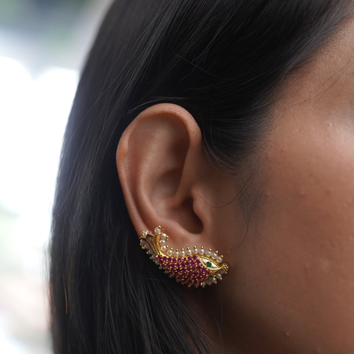 Fish Traditional Triabal Ruby and Pearl Two Way Earring