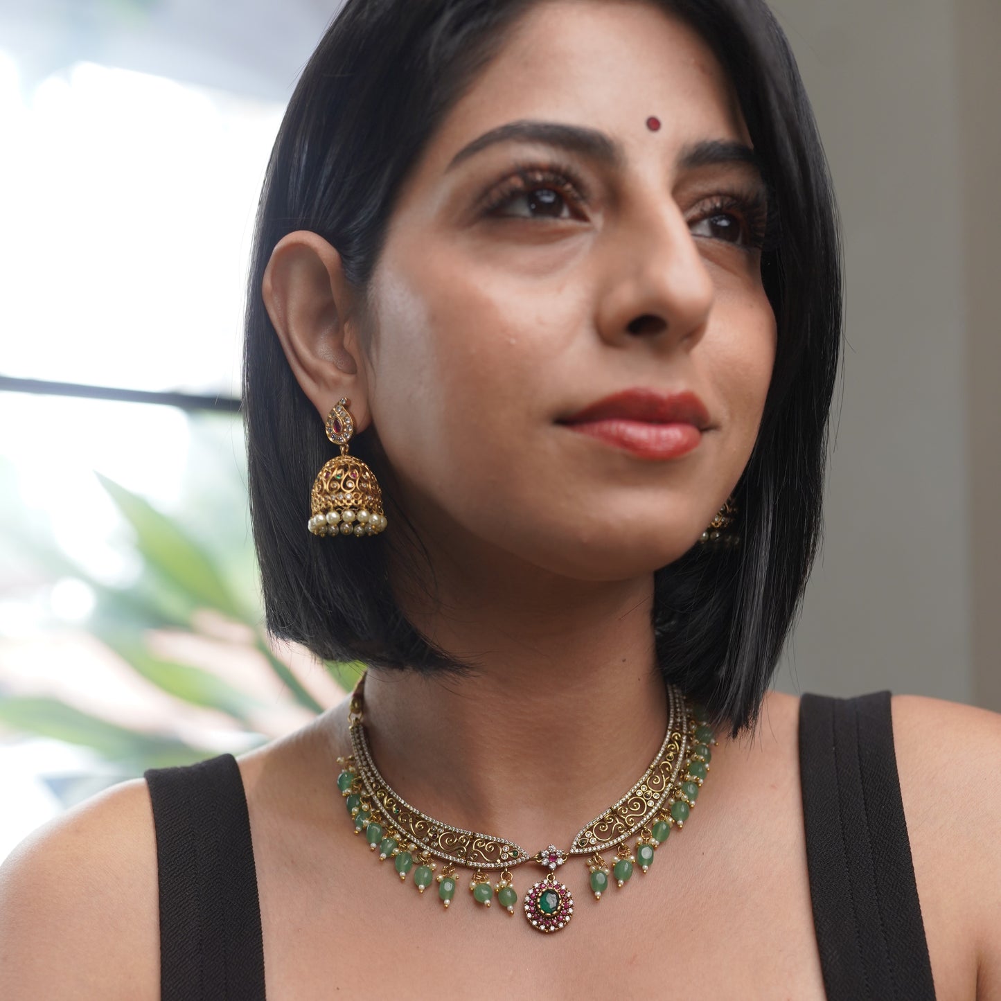 Green Emerald Zircon Diamond Pearl Jewellery Necklace Set