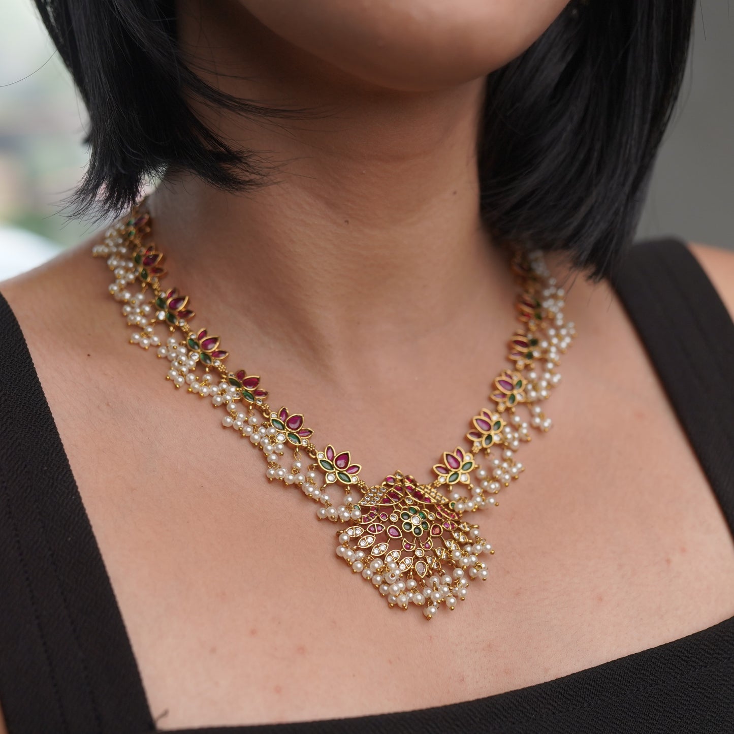 Pearl Flower Floral Ruby Jewelry Necklace Set