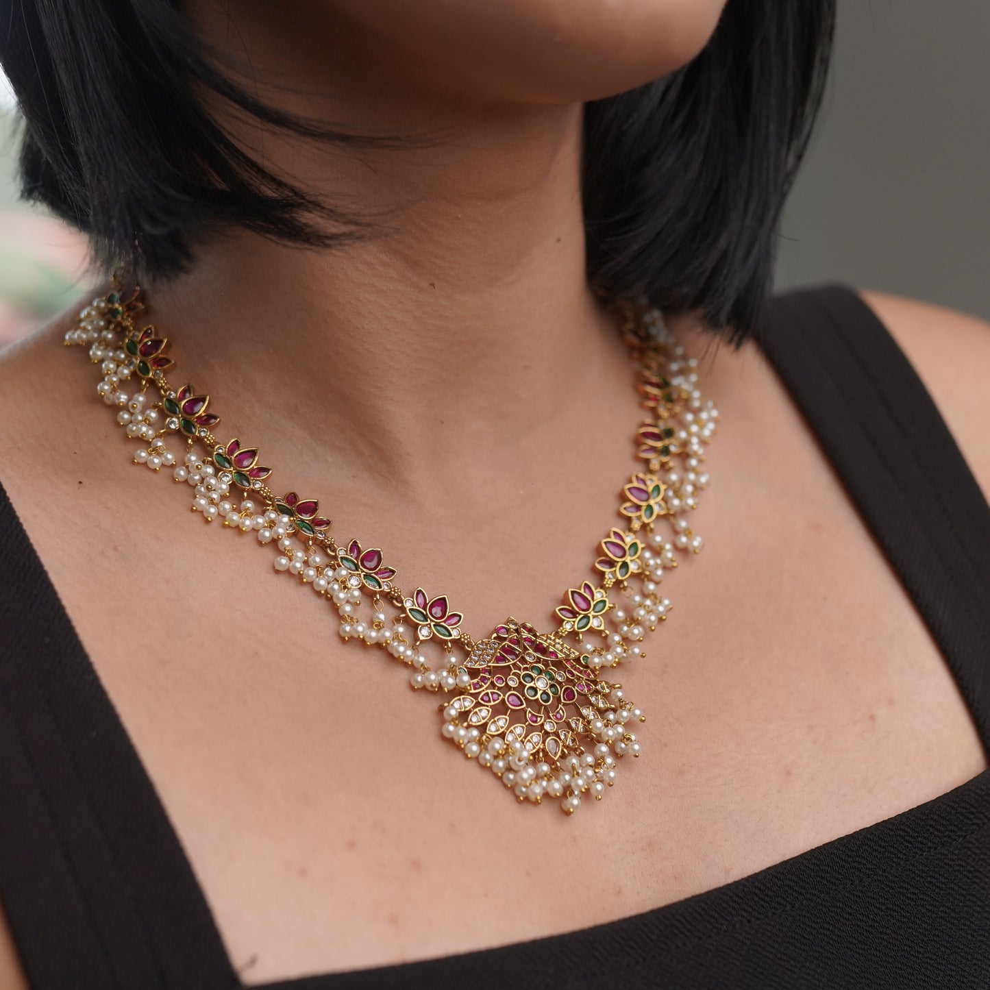 Pearl Flower Floral Ruby Jewelry Necklace Set