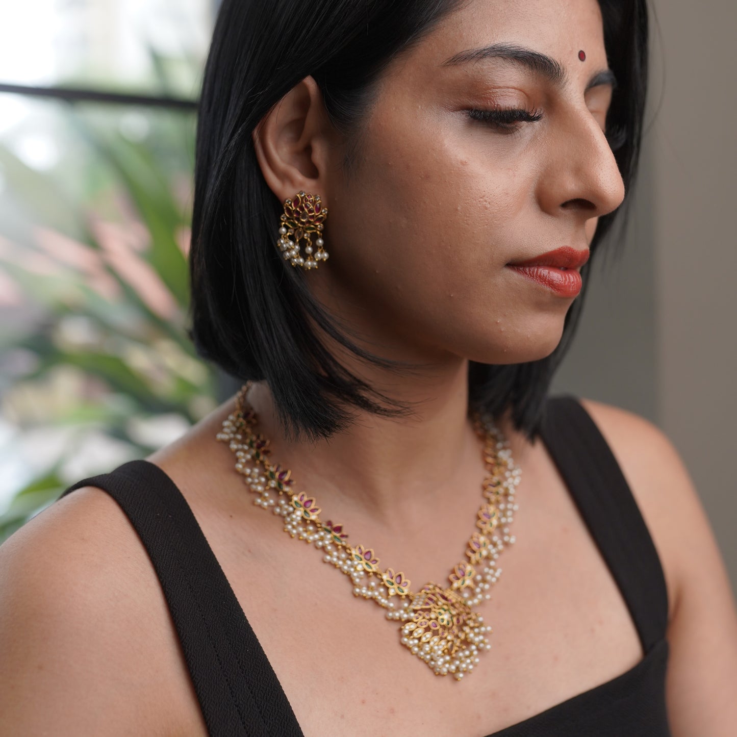 Pearl Flower Floral Ruby Jewelry Necklace Set