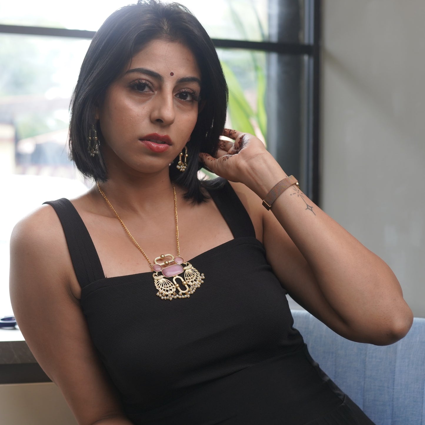 Pink Stone Druzy Work Fashion Fusion Jewelry Necklace Set