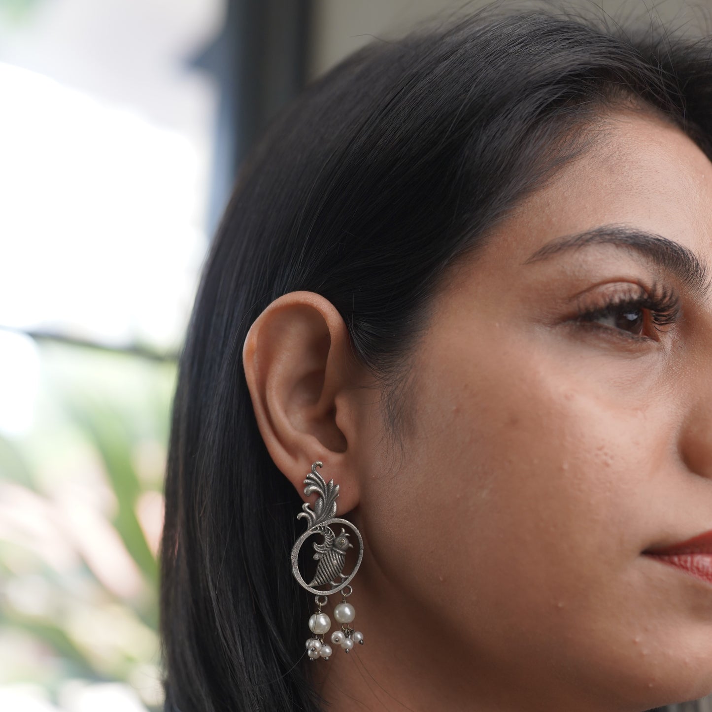 Pearl & Bird Silver Tribal Earring