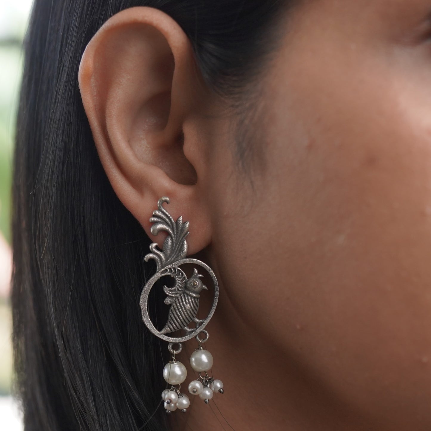 Pearl & Bird Silver Tribal Earring
