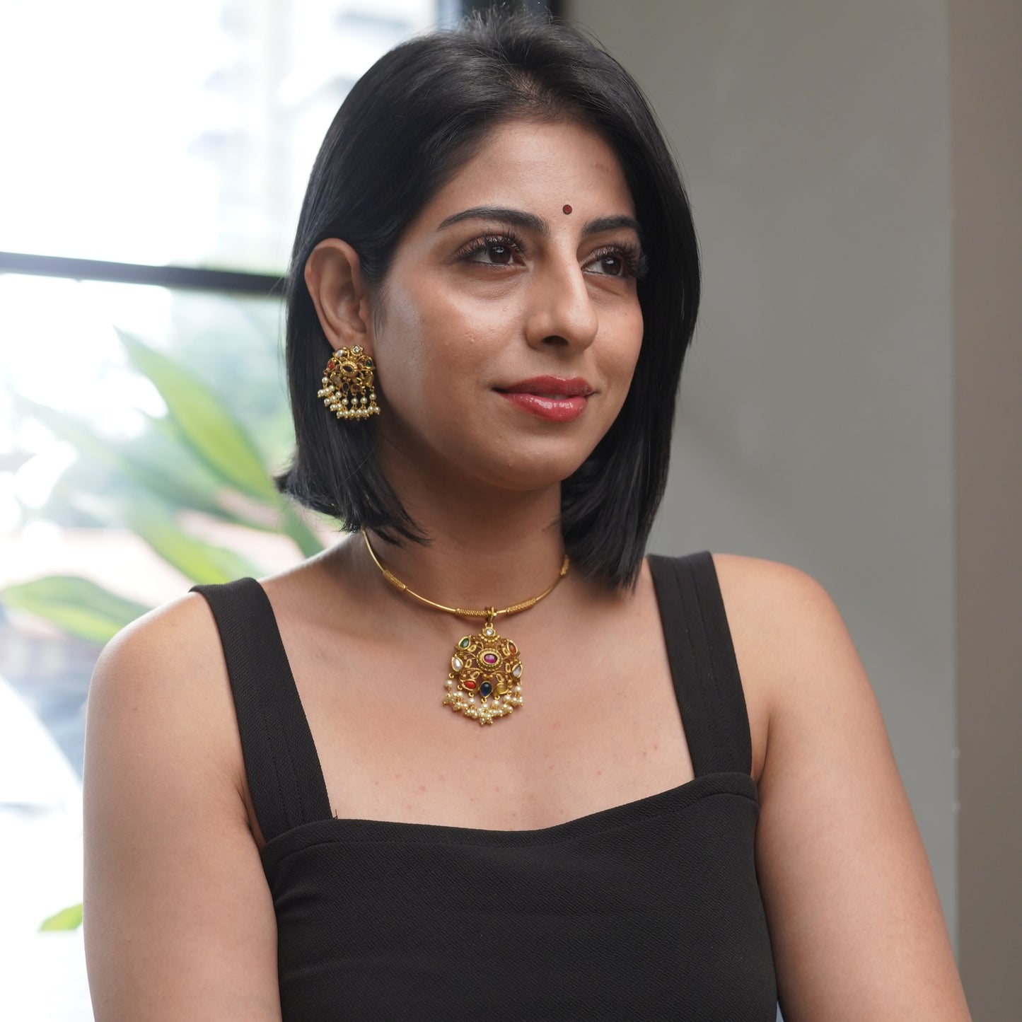 Navrathna Pendant Set With Multi - Color and Pearls Necklace Jewelry Set