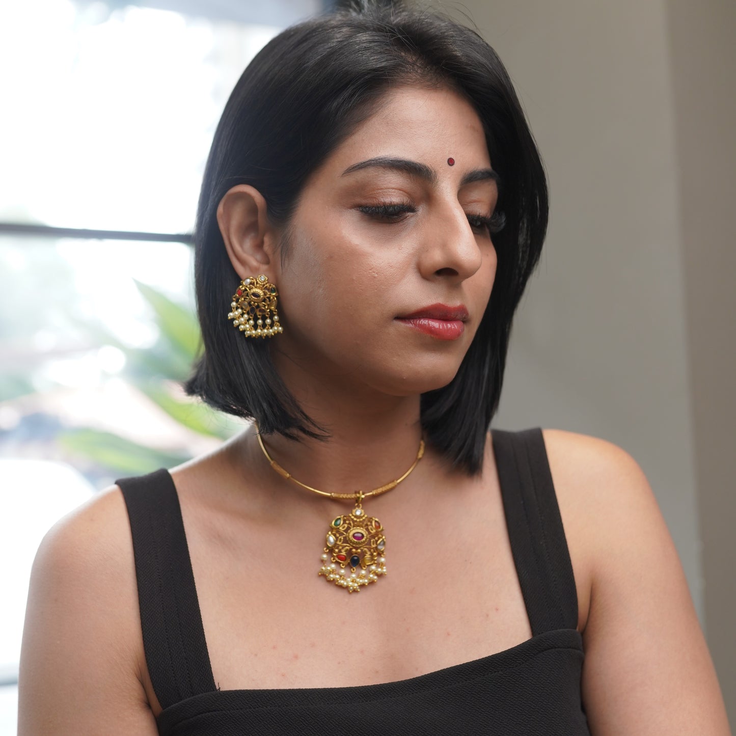 Navrathna Pendant Set With Multi - Color and Pearls Necklace Jewelry Set