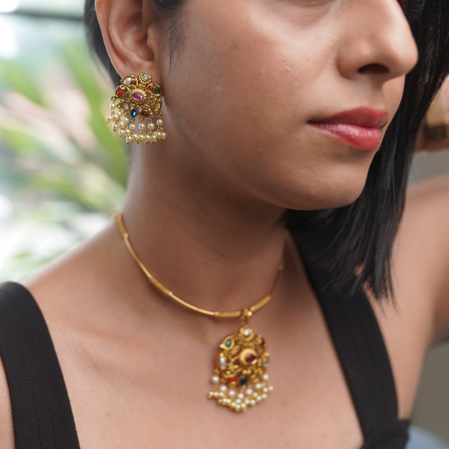 Navrathna Pendant Set With Multi - Color and Pearls Necklace Jewelry Set