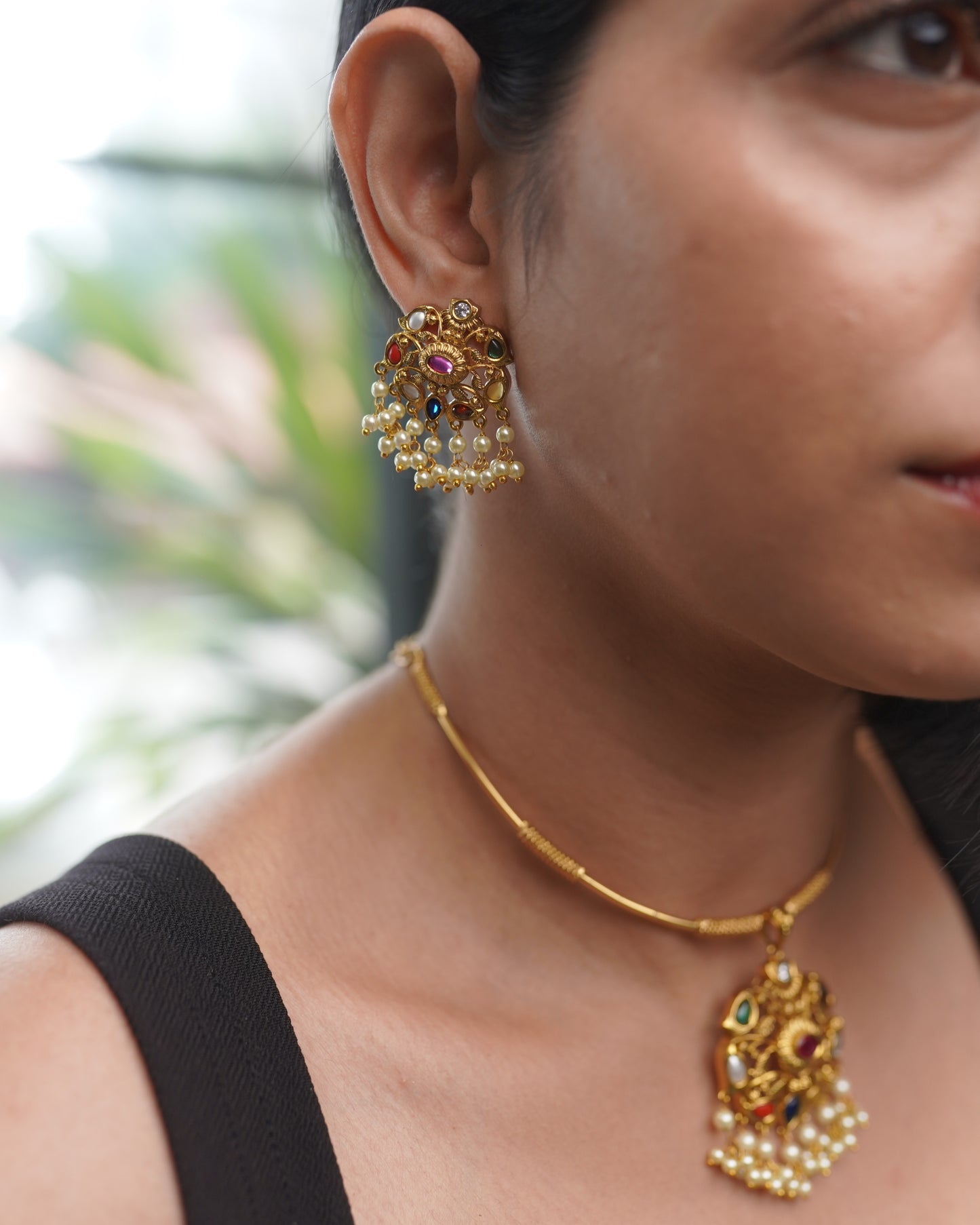 Navrathna Pendant Set With Multi - Color and Pearls Necklace Jewelry Set