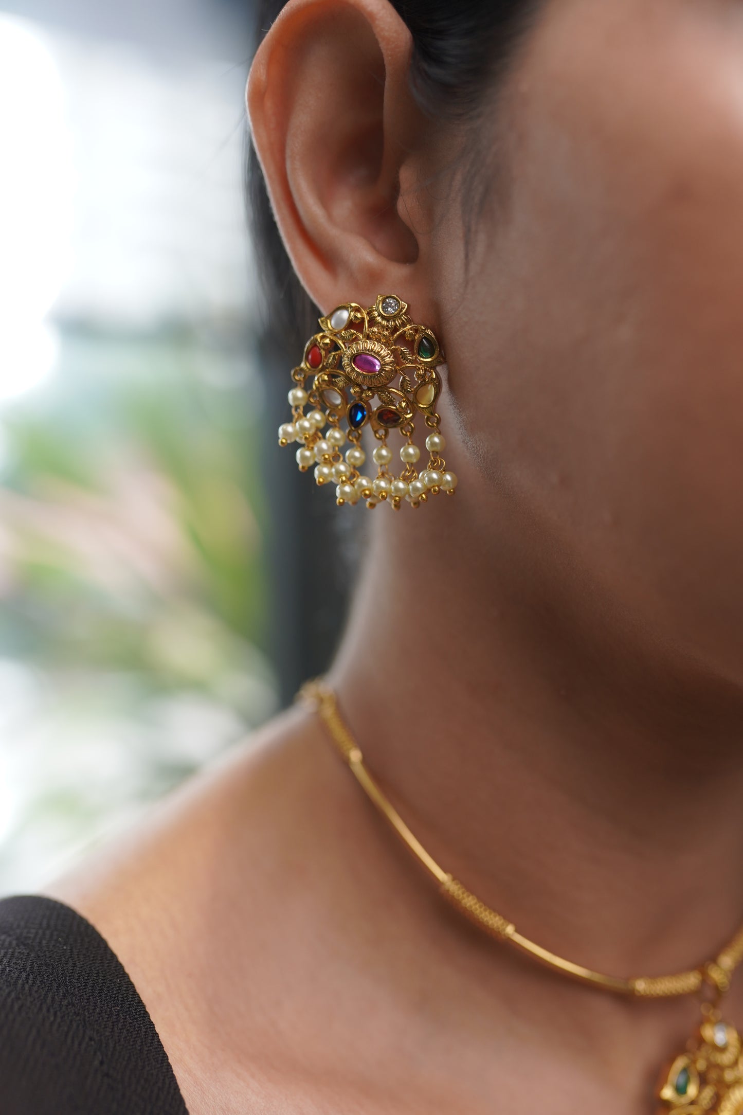 Navrathna Pendant Set With Multi - Color and Pearls Necklace Jewelry Set