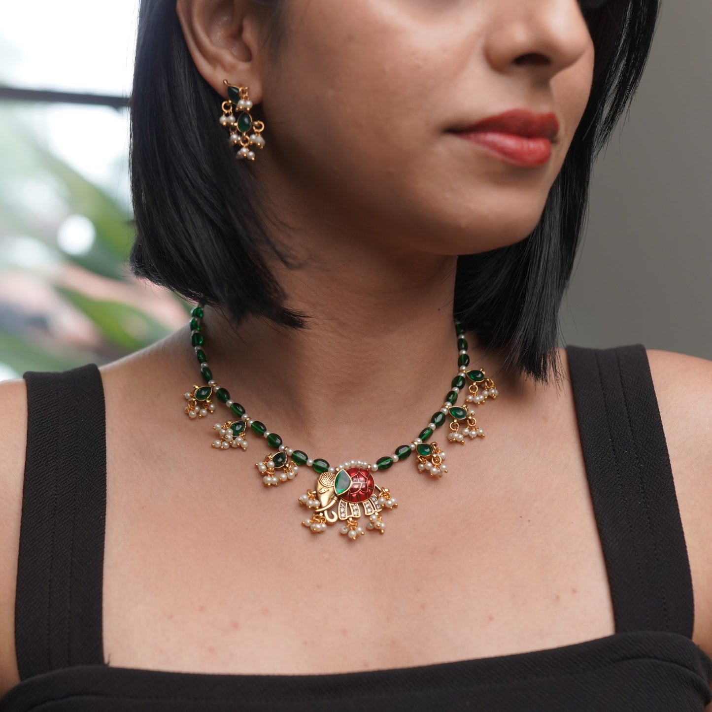 Green Elephant Design Work Beaded and Pearl Jewelry Necklace Set