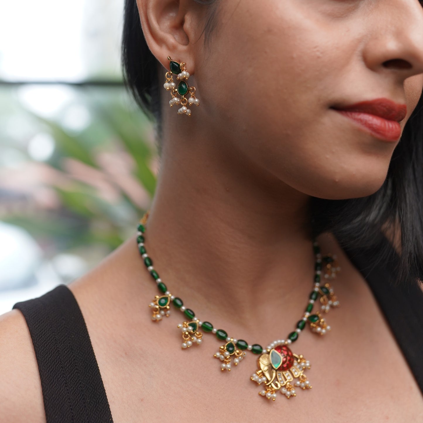 Green Elephant Design Work Beaded and Pearl Jewelry Necklace Set