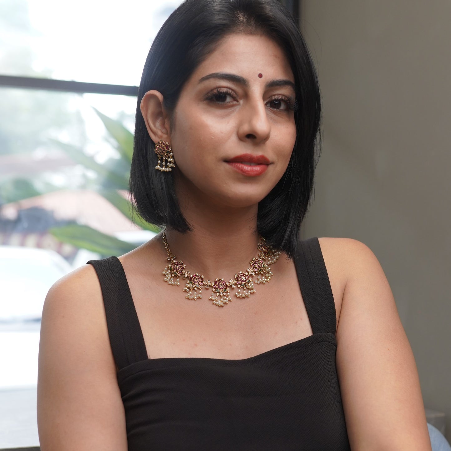Pearl Lotus Ruby Wedding Bridal Necklace Jewelry Set