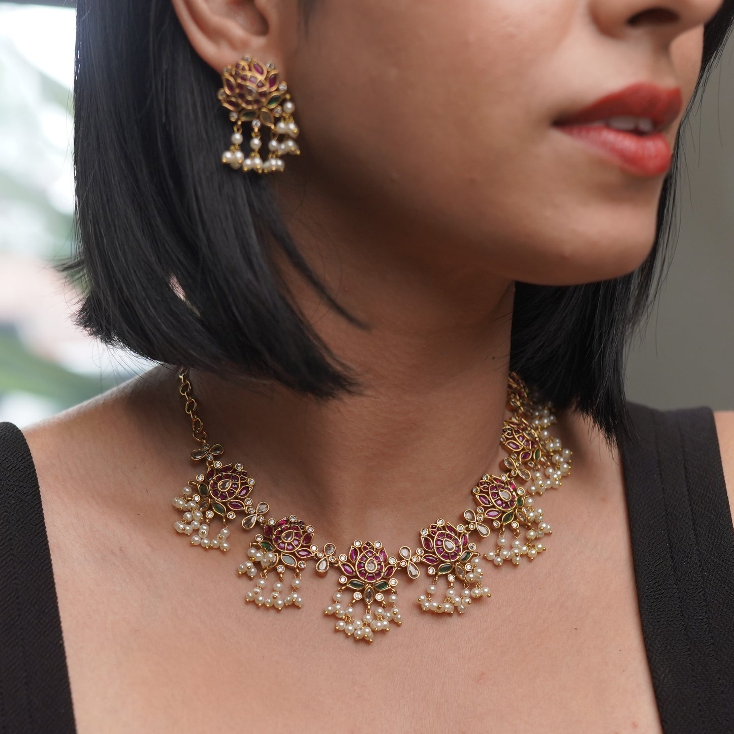 Pearl Lotus Ruby Wedding Bridal Necklace Jewelry Set