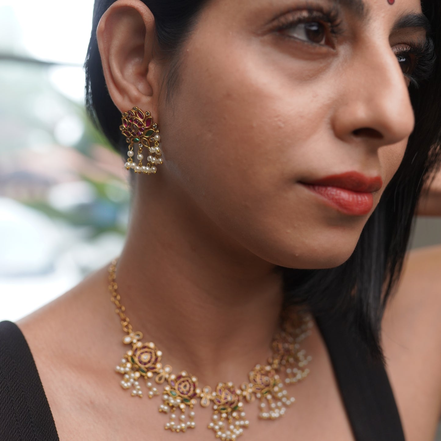 Pearl Lotus Ruby Wedding Bridal Necklace Jewelry Set