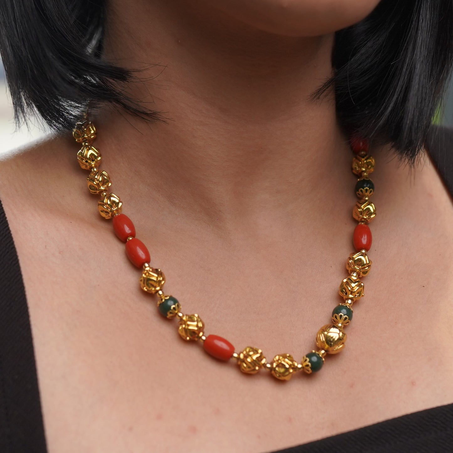 Ruby Green Red Coral Ball Bead Necklace