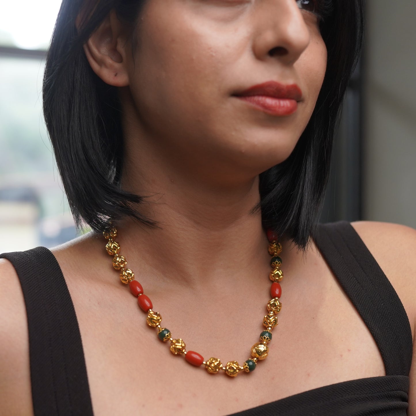 Ruby Green Red Coral Ball Bead Necklace
