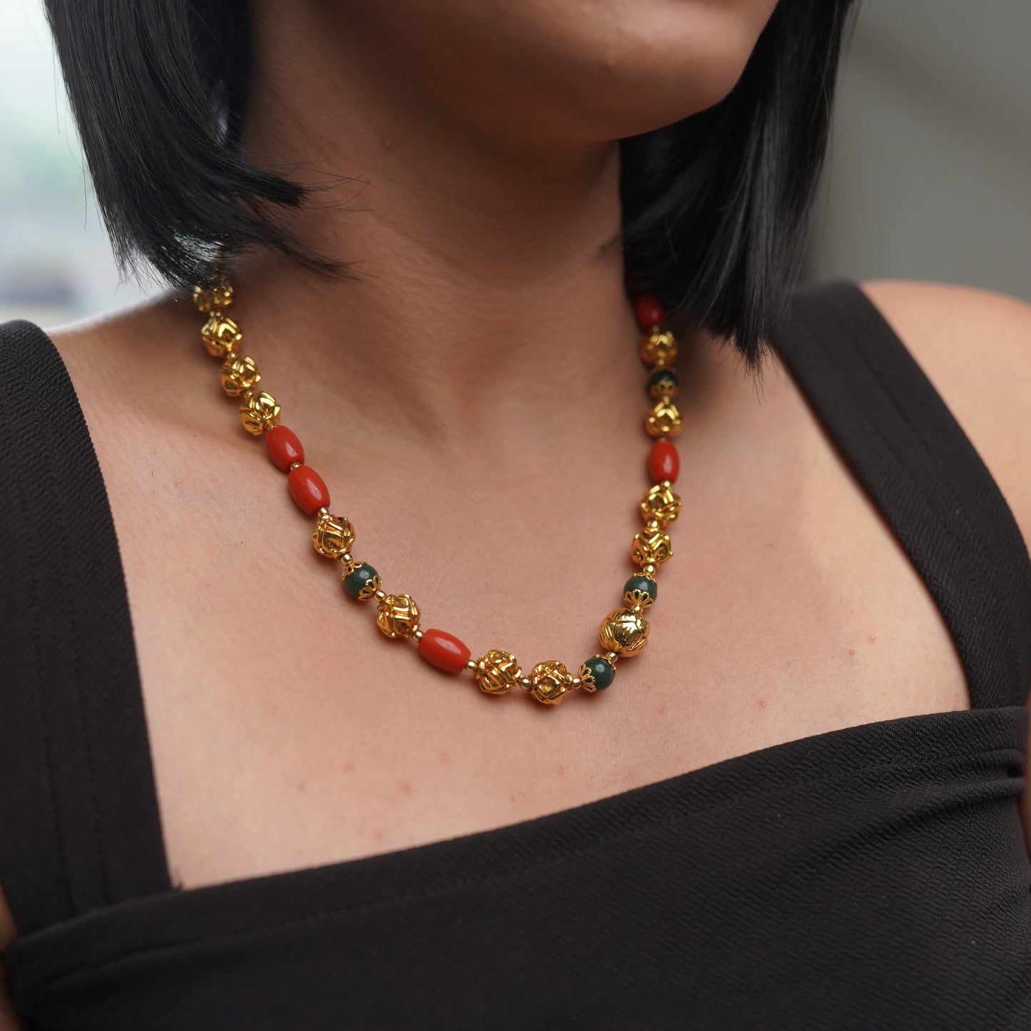 Ruby Green Red Coral Ball Bead Necklace