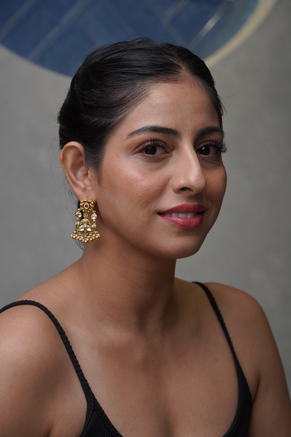 Antique Gold Floral Jhumka Earrings with Ruby & Pearl Drops
