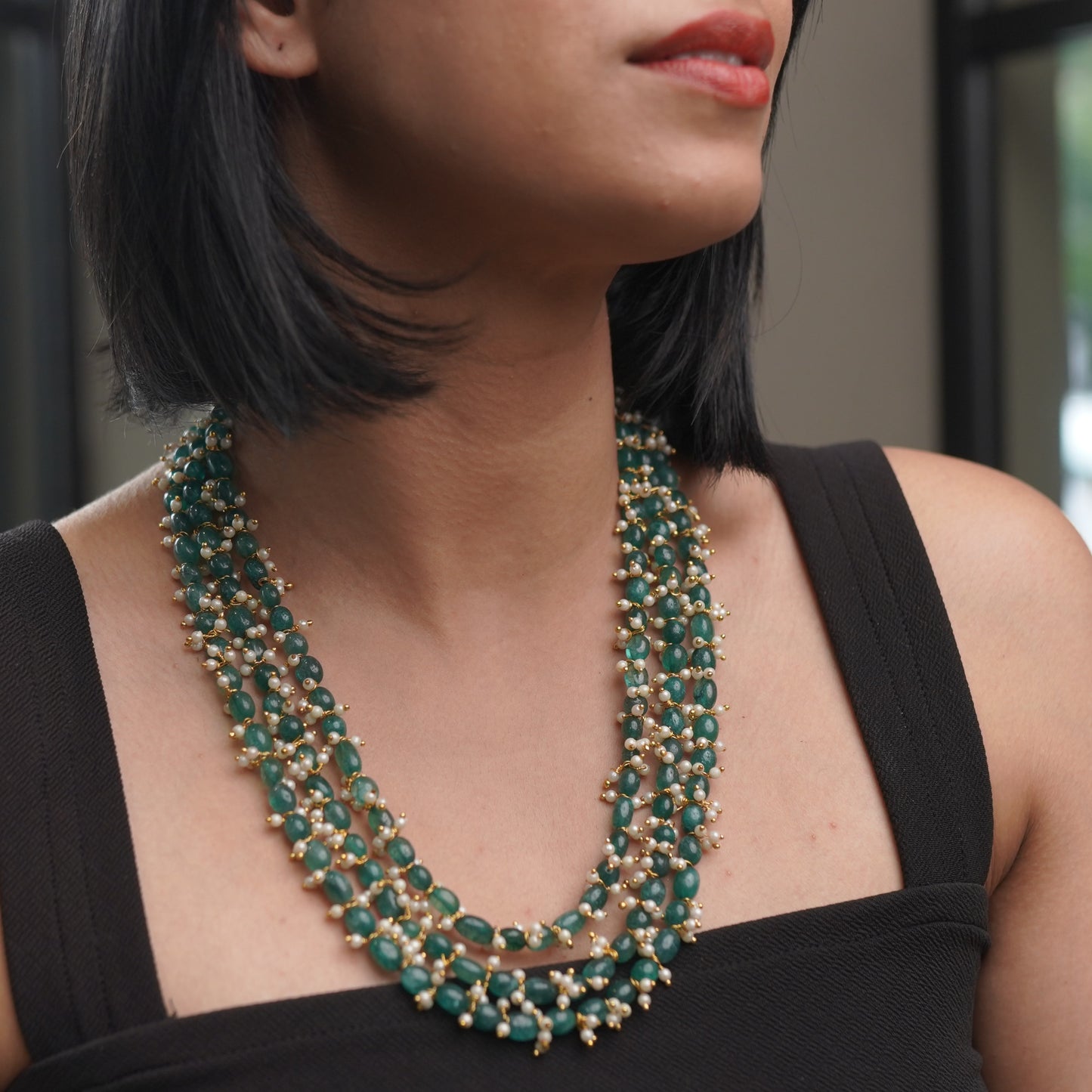 Green Ruby Garnet Pearl Onyx Necklace