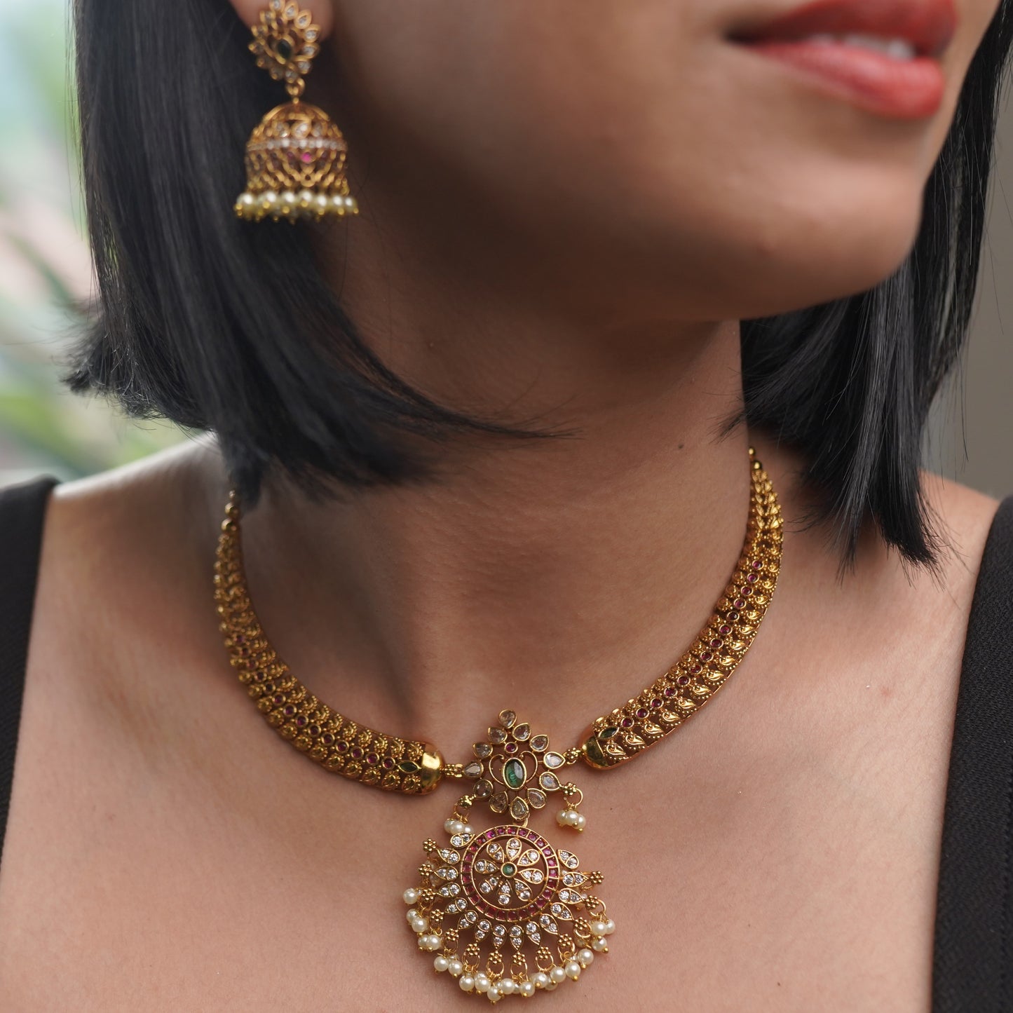Gold Pearl Wedding Traditional Necklace Jewelry Set