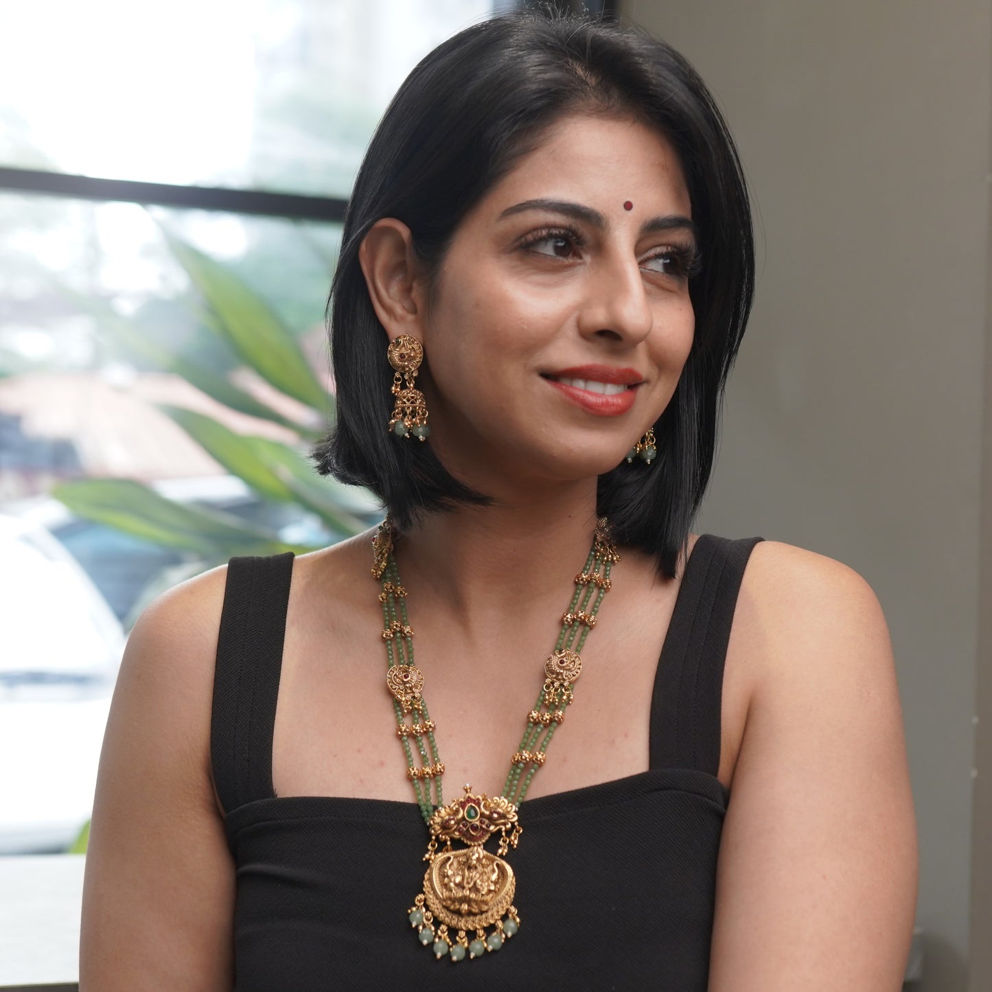 Green Emerald Pearl Traditional Bridal Necklace Jewelry Set