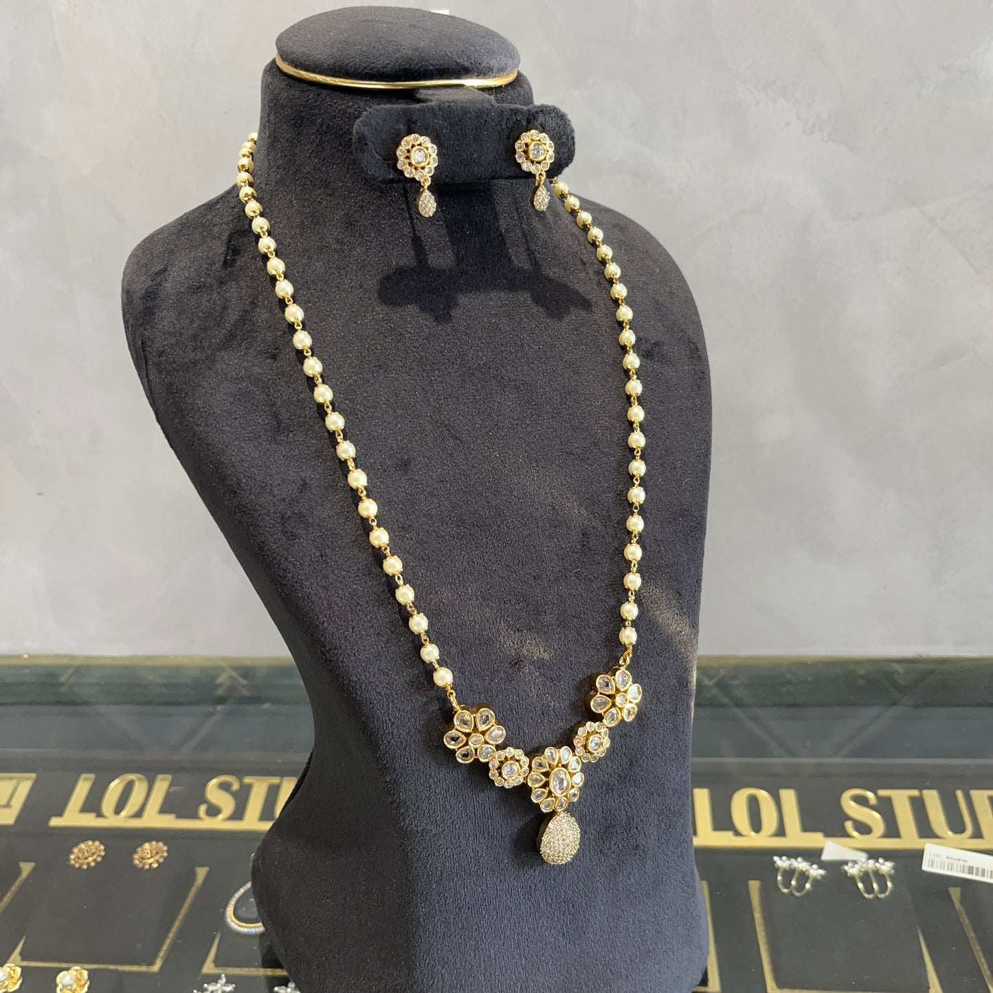 Pearl Polki Pendant Set