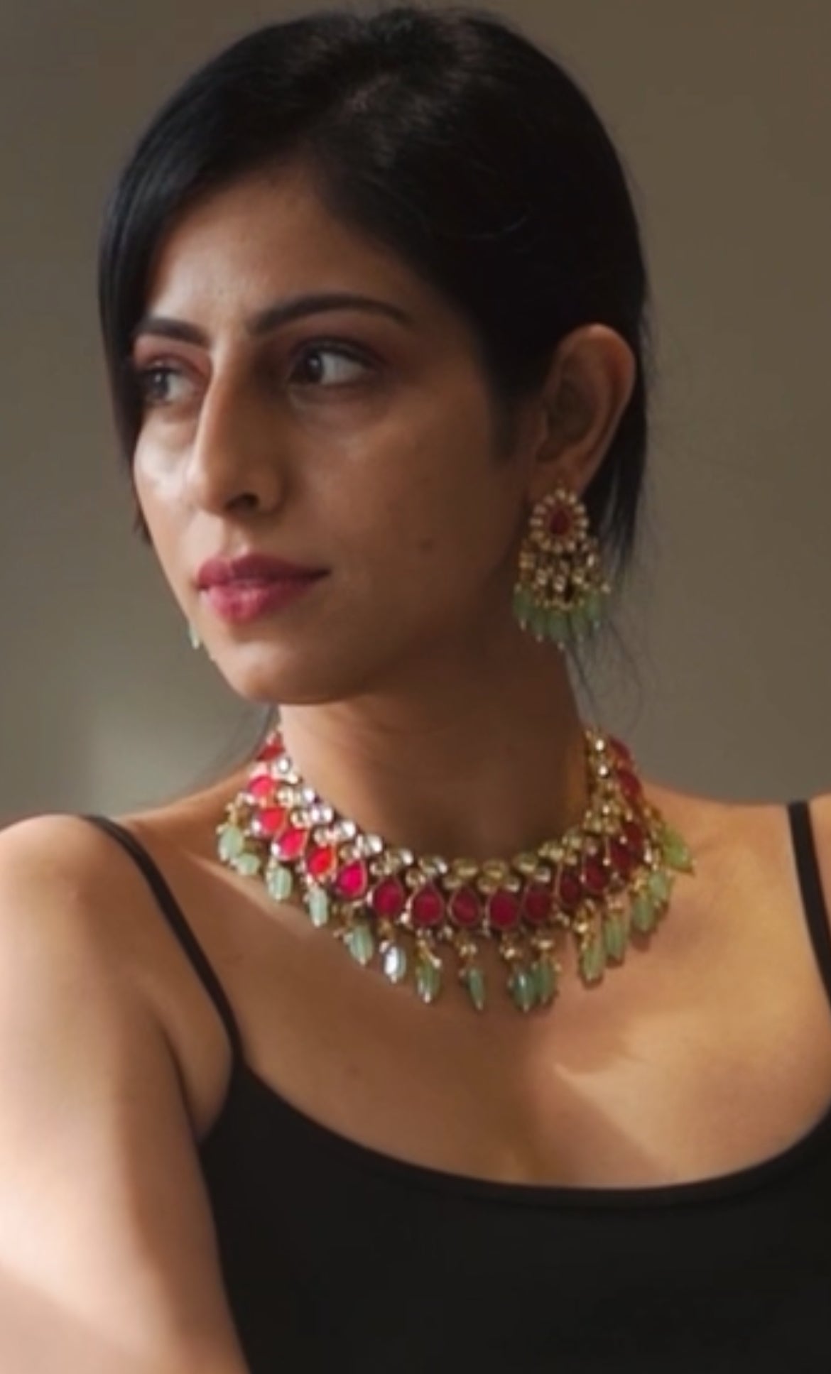 LOLstudio Kundan Collection Pink & Green Wedding Jadau Necklace set F8